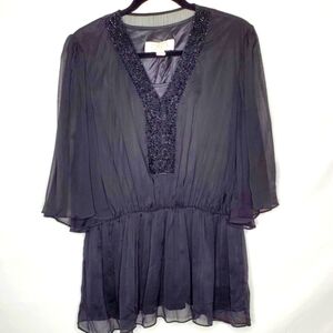 Badgley Mischka Beaded Sheer Top Size L American Glamour Flowy Tunic Dark Fairy